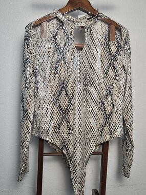 Sequined Snake Print Bodysuit in Beige and Black
